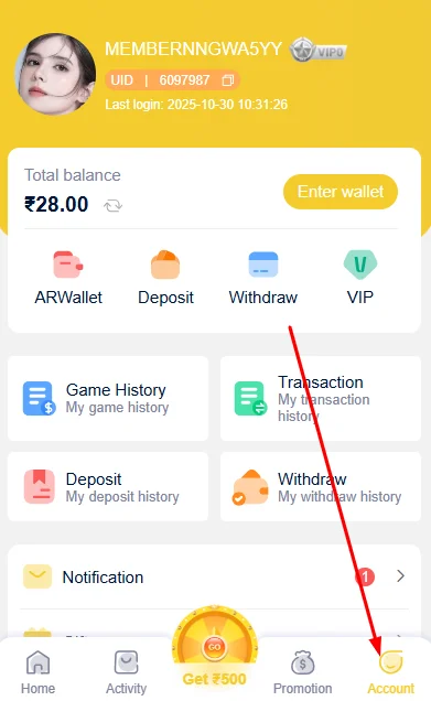 Click on account section